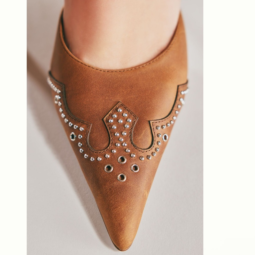 Jeffery Campbell Head-West Studded Western Pointed-Toe Heeled Mules Camel Tan - Picture 5 of 14